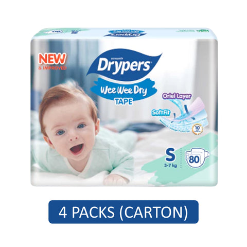 Drypers Wee Wee Dry Baby Tape Diapers Size S 80's (3-7kg) [4 Packs/Carton]