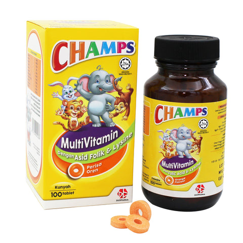 Champs Multivitamins Plus Lysine and Folic Acid Chewable Tablet 100's (Orange Flavour)