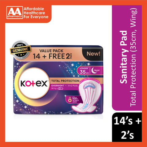 Kotex Pads (Total Protection Overnight, Wing, Longer 35cm) 14's+2's [Night Use]