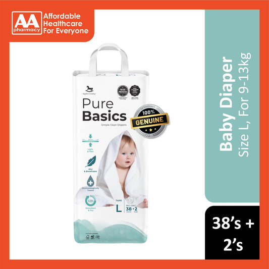 Applecrumby PureBasics Baby Tape Diaper Size L 38's+2's (For 9-13kg)