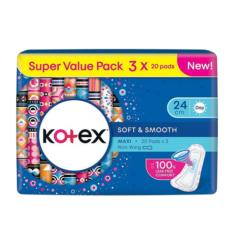 Kotex Pads (Soft and Smooth, Maxi Non-Wing, 24cm) 3x20's [Day Use]