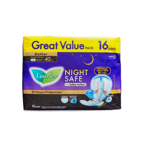 Lauríer Pads (Night Safe with Safety Gather, Normal to Heavy Flow, Wing, 40cm) 16's [Night Use]