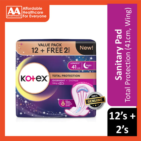 Kotex Pads (Total Protection Overnight, Wing, Longest 41cm) 12's+2's [Night Use]