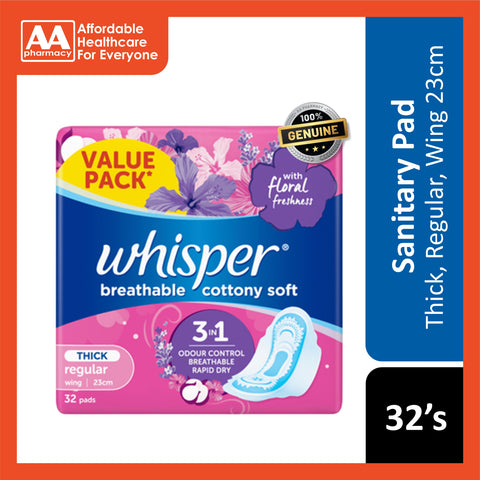 Whisper Breathable Cottony Soft Pads (Thick, Regular, Wing 23cm) 32's