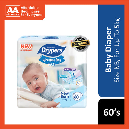 Drypers Wee Wee Dry Baby Tape Diapers Size NB 60's (For Up To 5kg)