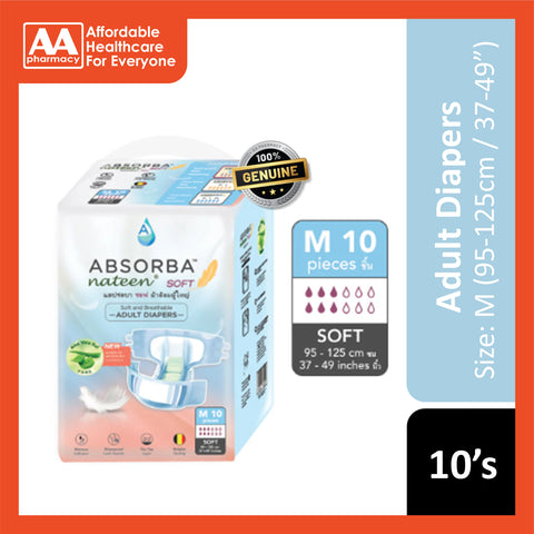 Absorba Nateen Soft Adult Diapers Size M 10's (95-125cm / 37-49 inches)