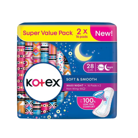 Kotex Pads (Soft and Smooth, Maxi Night Non-Wing, 28cm) 2x16's [Day/Night Use]