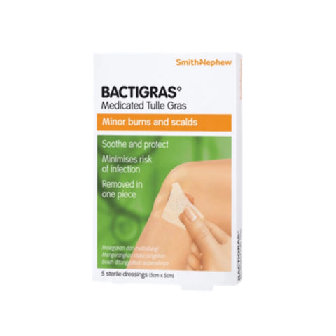 Smith and Nephew Bactigras Medicated Tulle Gras 5cmx5cm 5's