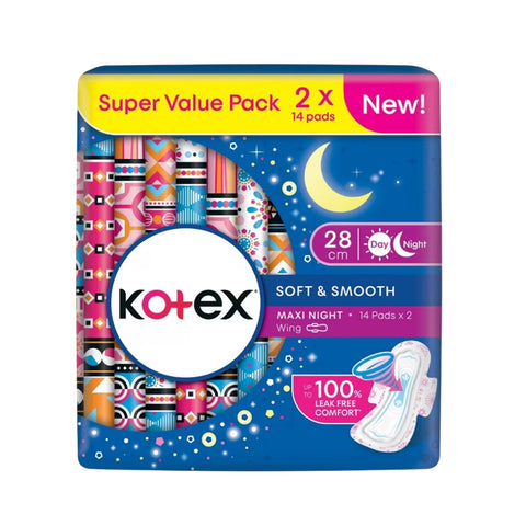 Kotex Pads (Soft and Smooth, Maxi Night Wing, 28cm) 2x14's [Day/Night Use]