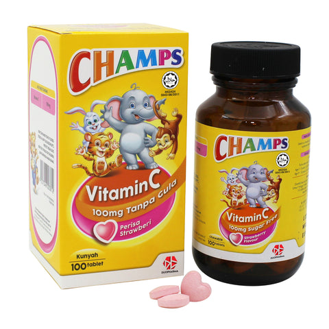 Champs Vitamin C 100mg Sugar Free Chewable Tablet 100's (Strawberry Flavour)