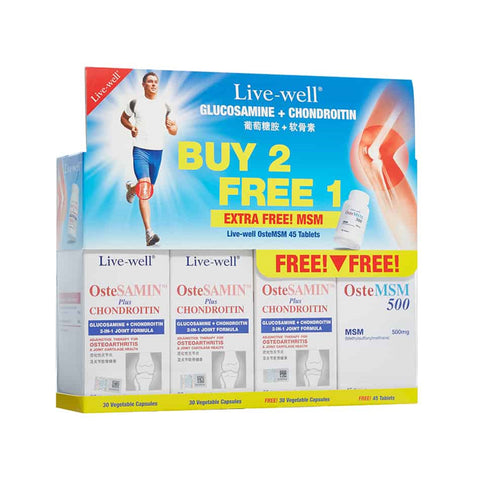 Live-Well OsteSAMIN + Chondroitin Vegecapsule 3x30's FOC OsteMSM 500mg Tablet 45's