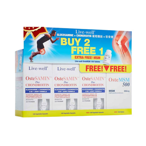 Live-Well OsteSAMIN + Chondroitin Vegecapsule 3x100's FOC OsteMSM 500mg Tablet 150's