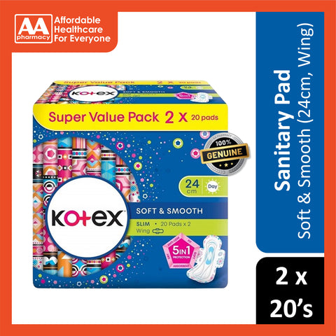 Kotex Pads (Soft and Smooth, Slim Wing, 24cm) 2x20's [Day Use]