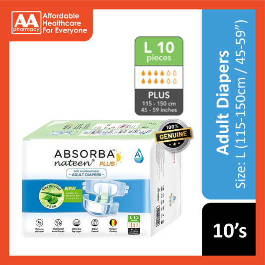 Absorba Nateen Plus Adult Diapers Size L 10's (115-150cm / 45-59 inches)