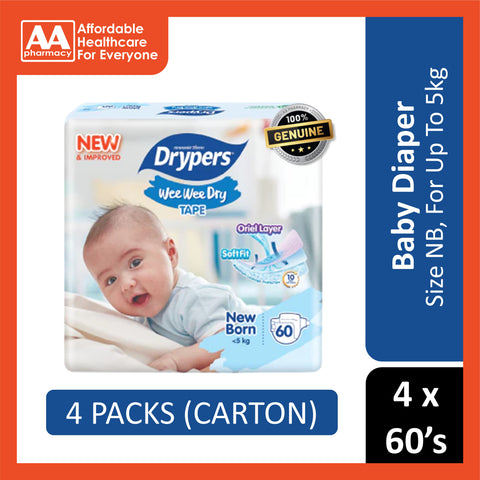 Drypers Wee Wee Dry Baby Tape Diapers Size NB 60's (For Up To 5kg) [4 Packs/Carton]