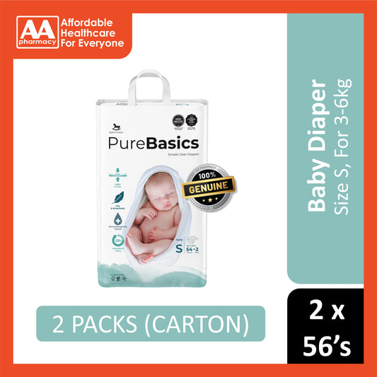 Applecrumby PureBasics Baby Tape Diaper Size S 54's+2's (For 3-6kg) [2 Packs/Carton]