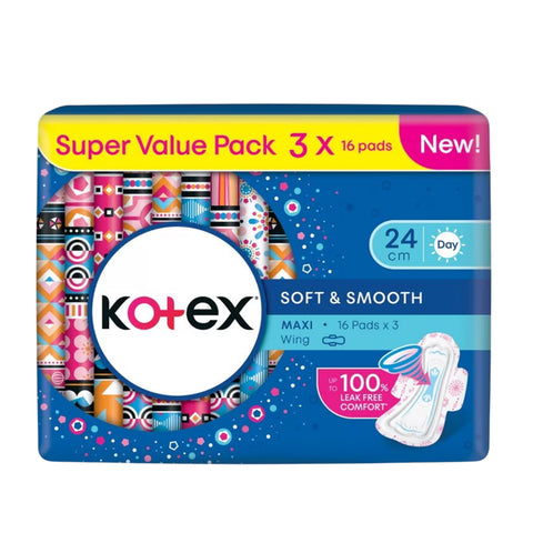 Kotex Pads (Soft and Smooth, Maxi Wing, 24cm) 3x16's [Day Use]