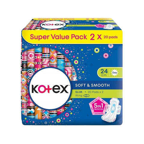 Kotex Pads (Soft and Smooth, Slim Wing, 24cm) 2x20's [Day Use]