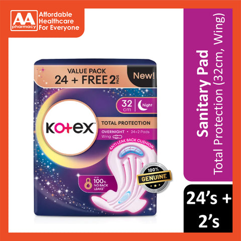 Kotex Pads (Total Protection Overnight, Wing, 32cm) 24's+2's [Night Use]