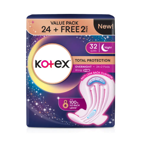 Kotex Pads (Total Protection Overnight, Wing, 32cm) 24's+2's [Night Use]