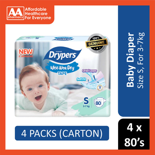 Drypers Wee Wee Dry Baby Tape Diapers Size S 80's (3-7kg) [4 Packs/Carton]