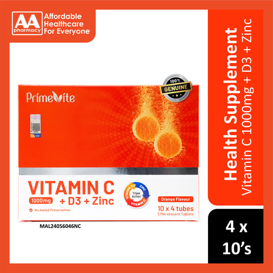 PrimeVite Vitamin C 1000mg + Vitamin D3 + Zinc Effervescent Tablet 4x10's