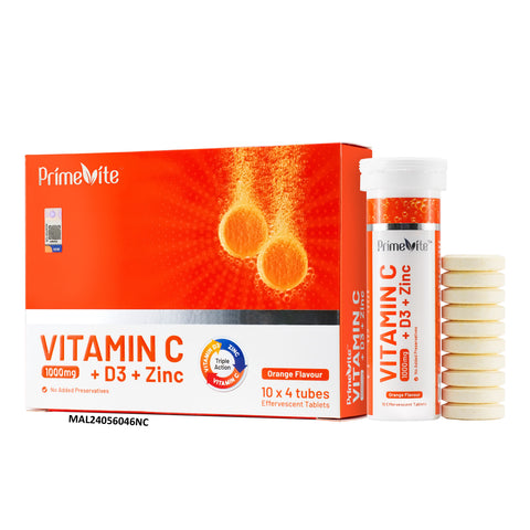 PrimeVite Vitamin C 1000mg + Vitamin D3 + Zinc Effervescent Tablet 4x10's