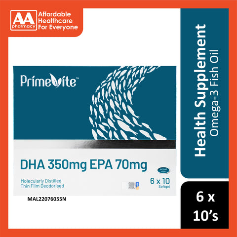 PrimeVite DHA 350mg EPA 70mg Fish Oil Softgel 6x10's