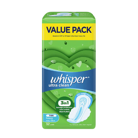 Whisper Ultra Clean Pads (Thin, Heavy, Wing 28cm) 32's