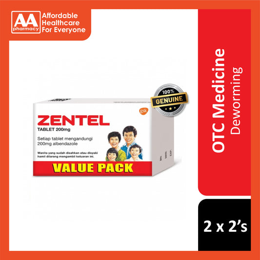 Zentel Deworming (Albendazole 200mg) Chewable Tablet 2x2's [Value Pack]