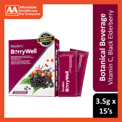 PrimeVite BerryWell (Vitamin C, Black Elderberry Extract, Yeast Beta Glucan) Botanical Beverage Mix Powder 3.5gx15's