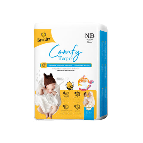 Beenies Baby Comfy Tape Diapers Size NB 60's (Up To 5kg) [Jumbo Pack]