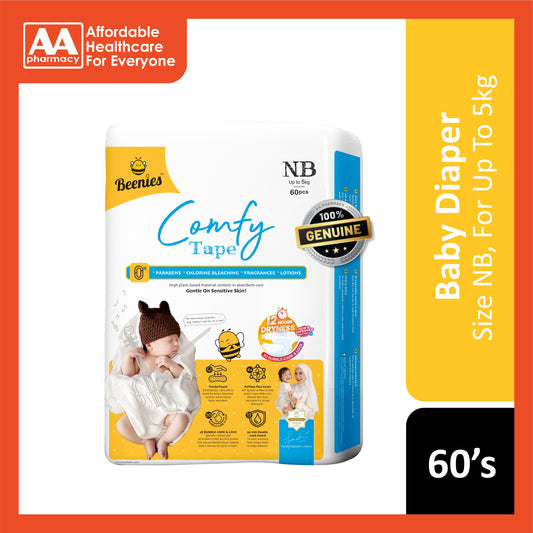 Beenies Baby Comfy Tape Diapers Size NB 60's (Up To 5kg) [Jumbo Pack]