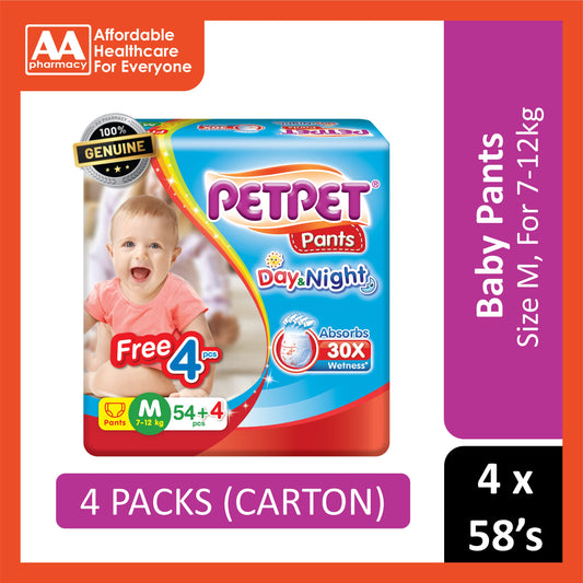 PetPet Day and Night Baby Pants Size M 54's+4's (For 7-12kg) [4 Packs/Carton]