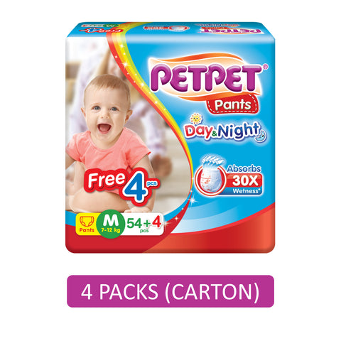 PetPet Day and Night Baby Pants Size M 54's+4's (For 7-12kg) [4 Packs/Carton]