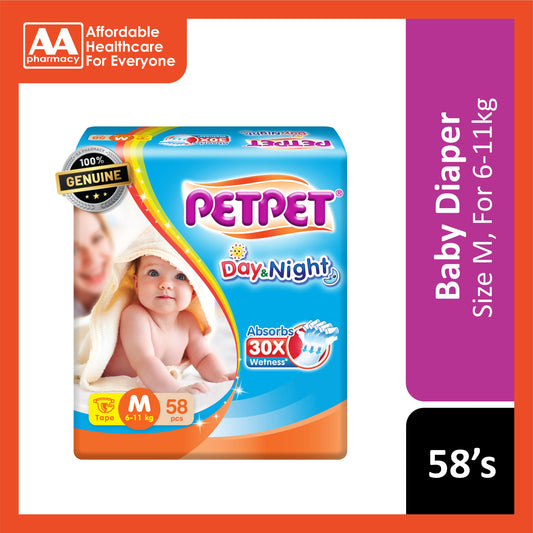 PetPet Day and Night Baby Tape Diapers Size M 58's (For 6-11kg)