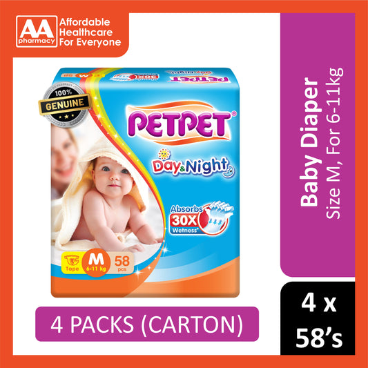 PetPet Day and Night Baby Tape Diapers Size M 58's (For 6-11kg) [4 Packs/Carton]