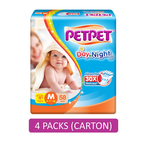 PetPet Day and Night Baby Tape Diapers Size M 58's (For 6-11kg) [4 Packs/Carton]