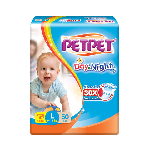 PetPet Day and Night Baby Tape Diapers Size L 50's (For 9-14kg)