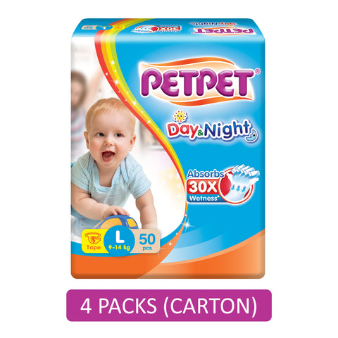 PetPet Day and Night Baby Tape Diapers Size L 50's (For 9-14kg) [4 Packs/Carton]