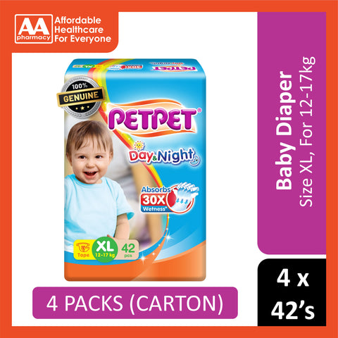 PetPet Day and Night Baby Tape Diapers Size XL 42's (For 12-17kg) [4 Packs/Carton]