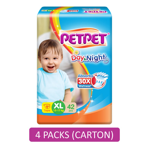 PetPet Day and Night Baby Tape Diapers Size XL 42's (For 12-17kg) [4 Packs/Carton]