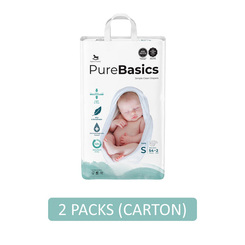 Applecrumby PureBasics Baby Tape Diaper Size S 54's+2's (For 3-6kg) [2 Packs/Carton]