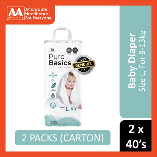 Applecrumby PureBasics Baby Tape Diaper Size L 38's+2's (For 9-13kg) [2 Packs/Carton]