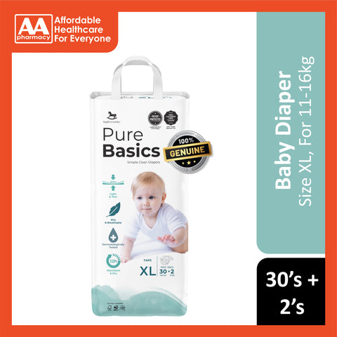 Applecrumby PureBasics Baby Tape Diaper Size XL 30's+2's (For 11-16kg)