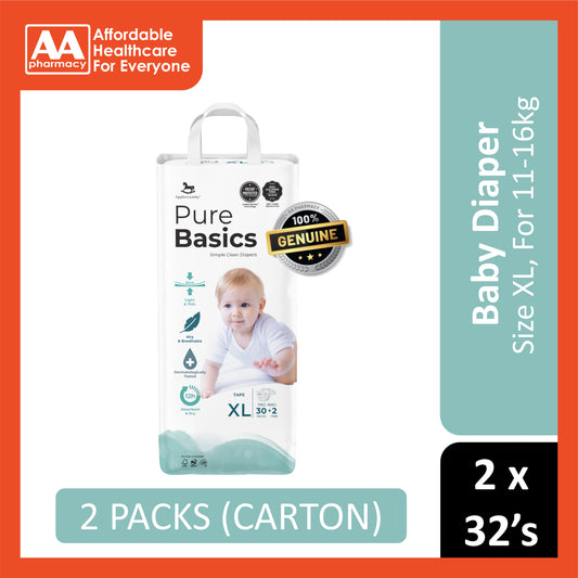 Applecrumby PureBasics Baby Tape Diaper Size XL 30's+2's (For 11-16kg) [2 Packs/Carton]