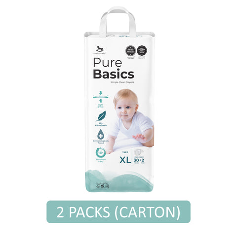 Applecrumby PureBasics Baby Tape Diaper Size XL 30's+2's (For 11-16kg) [2 Packs/Carton]