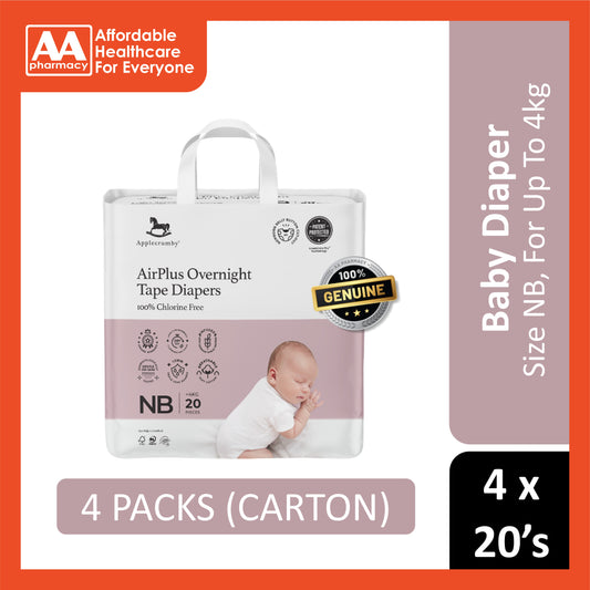 Applecrumby AirPlus Overnight Baby Tape Diaper Size NB 20's (For Up To 4kg) [4 Packs/Carton]