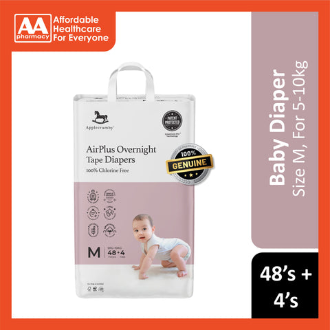 Applecrumby AirPlus Overnight Baby Tape Diaper Size M 48's+4's (For 5-10kg)