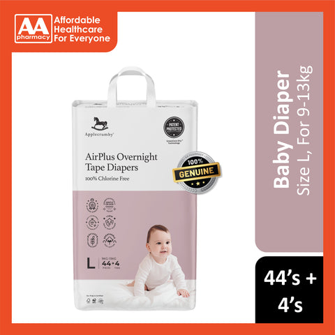 Applecrumby AirPlus Overnight Baby Tape Diaper Size L 44's+4's (For 9-13kg)